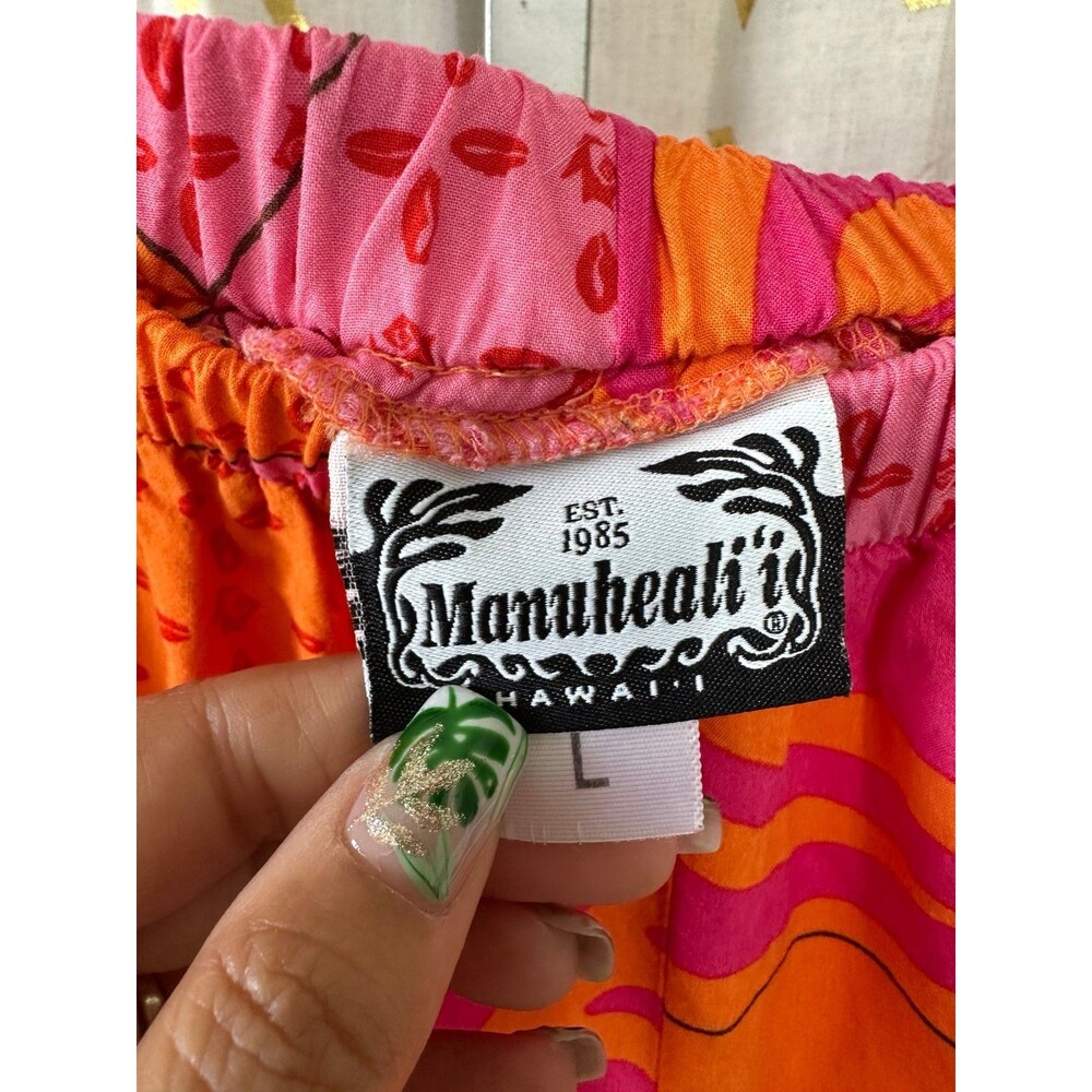 Manuhealii Hawaiian Geometric Pink Orange Elastic Waist Pull On Wide Leg Pants L - Picture 4 of 5